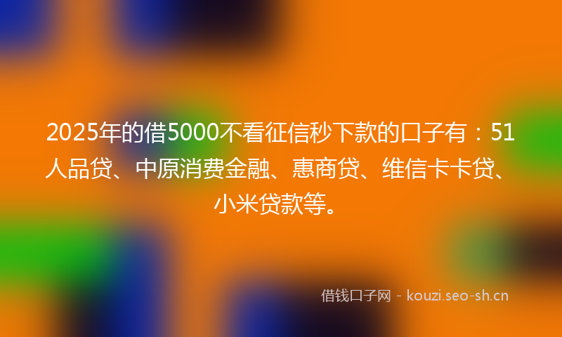 2025年的借5000不看征信秒下款的口子有:51人品贷、中原消费金融、惠商贷、维信卡卡贷、小米贷款等。