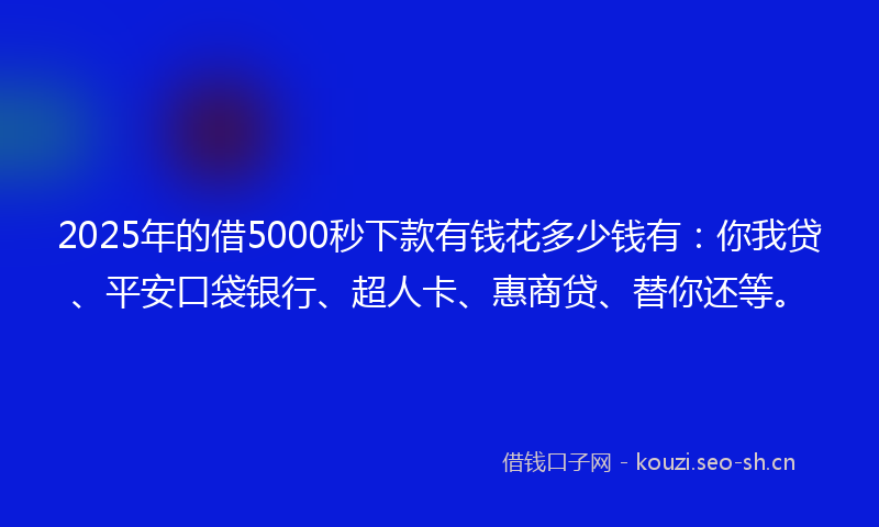 2025年的借5000秒下款有钱花多少钱有：你我贷、平安口袋银行、超人卡、惠商贷、替你还等。