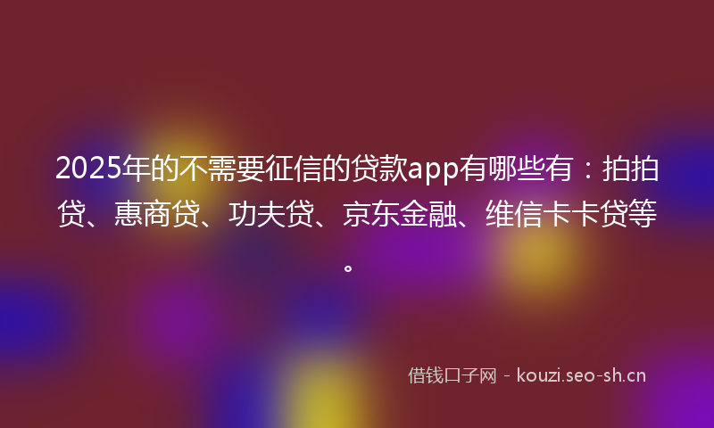 2025年的不需要征信的贷款app有哪些有：拍拍贷、惠商贷、功夫贷、京东金融、维信卡卡贷等。