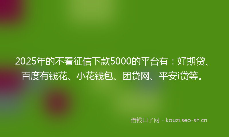 2025年的不看征信下款5000的平台有：好期贷、百度有钱花、小花钱包、团贷网、平安i贷等。