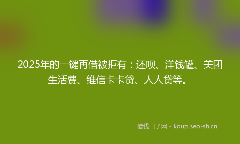 2025年的一键再借被拒有：还呗、洋钱罐、美团生活费、维信卡卡贷、人人贷等。