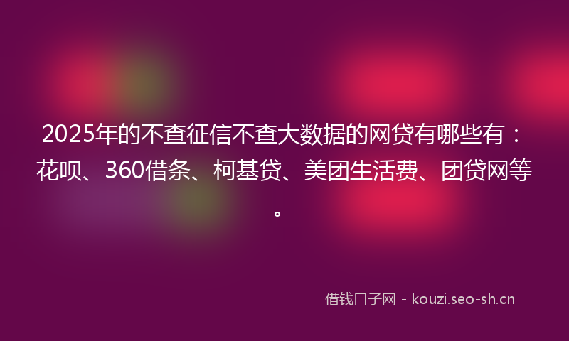 2025年的不查征信不查大数据的网贷有哪些有：花呗、360借条、柯基贷、美团生活费、团贷网等。