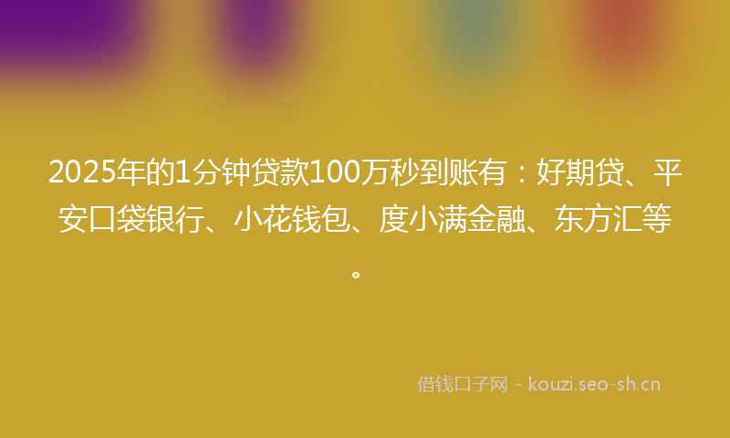 2025年的1分钟贷款100万秒到账有：好期贷、平安口袋银行、小花钱包、度小满金融、东方汇等。