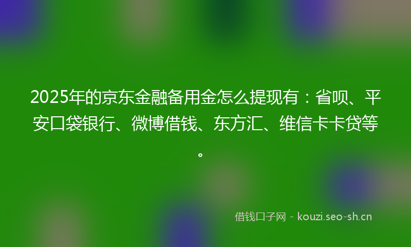 2025年的京东金融备用金怎么提现有：省呗、平安口袋银行、微博借钱、东方汇、维信卡卡贷等。