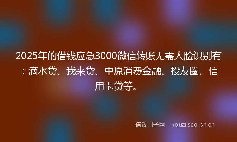 2025年的借钱应急3000微信转账无需人脸识别有：滴水贷、我来贷、中原消费金融、投友圈、信用卡贷等。