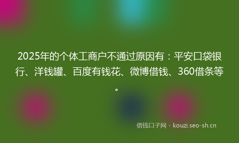 2025年的个体工商户不通过原因有：平安口袋银行、洋钱罐、百度有钱花、微博借钱、360借条等。