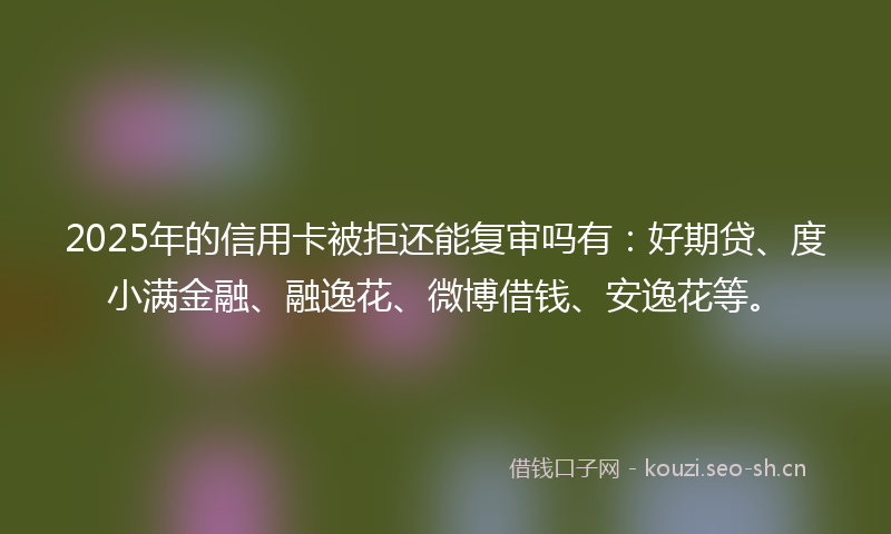 2025年的信用卡被拒还能复审吗有：好期贷、度小满金融、融逸花、微博借钱、安逸花等。