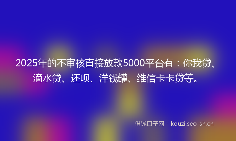 2025年的不审核直接放款5000平台有：你我贷、滴水贷、还呗、洋钱罐、维信卡卡贷等。