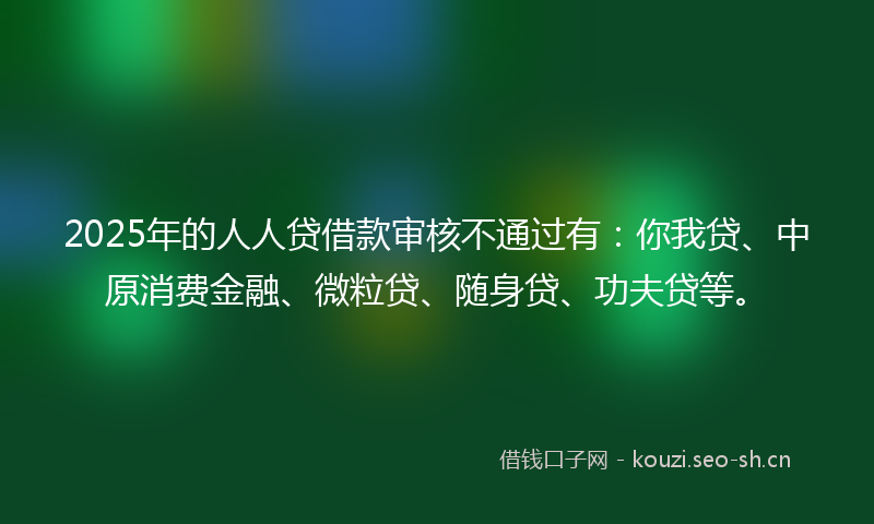 2025年的人人贷借款审核不通过有：你我贷、中原消费金融、微粒贷、随身贷、功夫贷等。