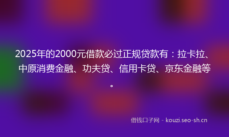 2025年的2000元借款必过正规贷款有：拉卡拉、中原消费金融、功夫贷、信用卡贷、京东金融等。