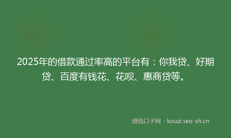 2025年的借款通过率高的平台有：你我贷、好期贷、百度有钱花、花呗、惠商贷等。