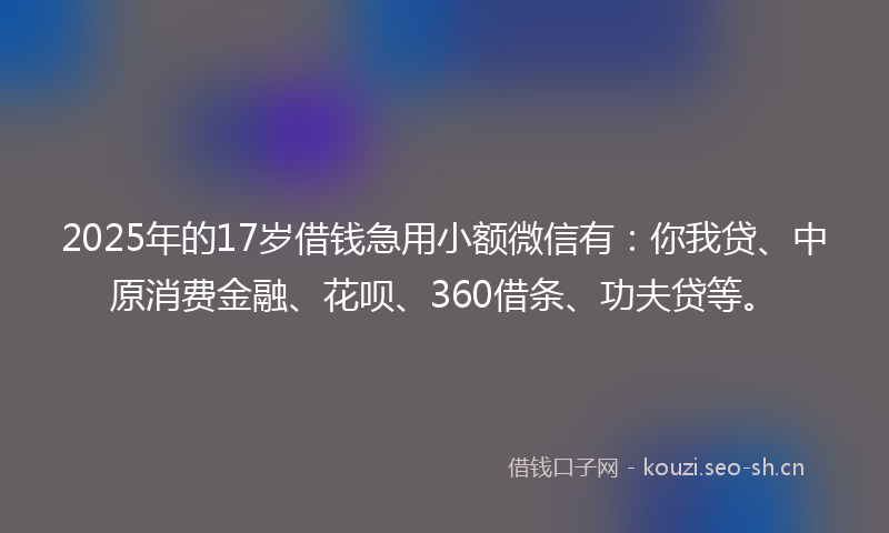 2025年的17岁借钱急用小额微信有：你我贷、中原消费金融、花呗、360借条、功夫贷等。