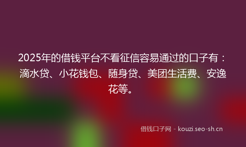 2025年的借钱平台不看征信容易通过的口子有：滴水贷、小花钱包、随身贷、美团生活费、安逸花等。
