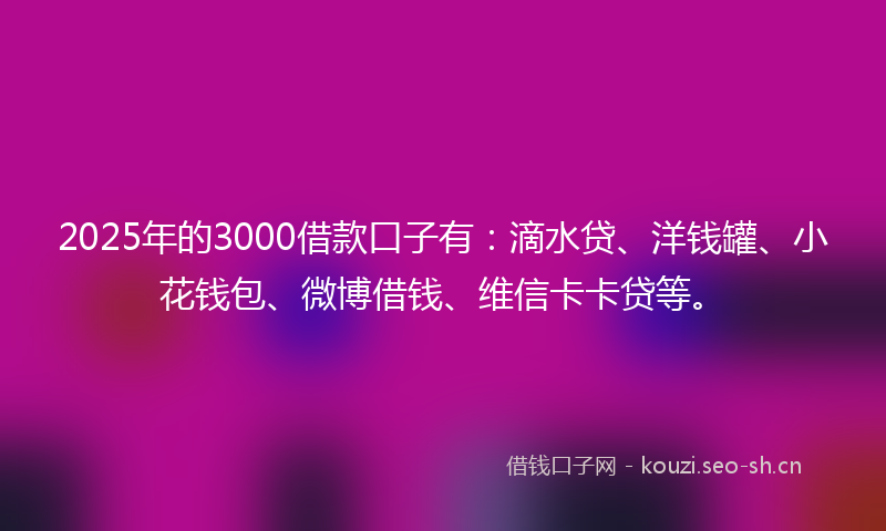 2025年的3000借款口子有：滴水贷、洋钱罐、小花钱包、微博借钱、维信卡卡贷等。