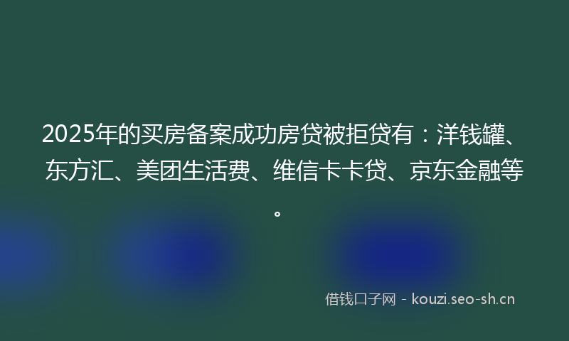 2025年的买房备案成功房贷被拒贷有：洋钱罐、东方汇、美团生活费、维信卡卡贷、京东金融等。