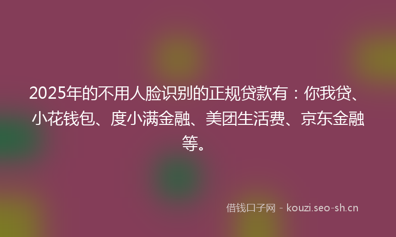 2025年的不用人脸识别的正规贷款有：你我贷、小花钱包、度小满金融、美团生活费、京东金融等。