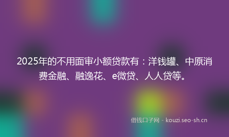 2025年的不用面审小额贷款有：洋钱罐、中原消费金融、融逸花、e微贷、人人贷等。