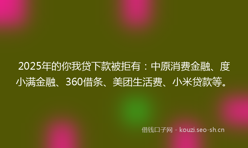 2025年的你我贷下款被拒有：中原消费金融、度小满金融、360借条、美团生活费、小米贷款等。