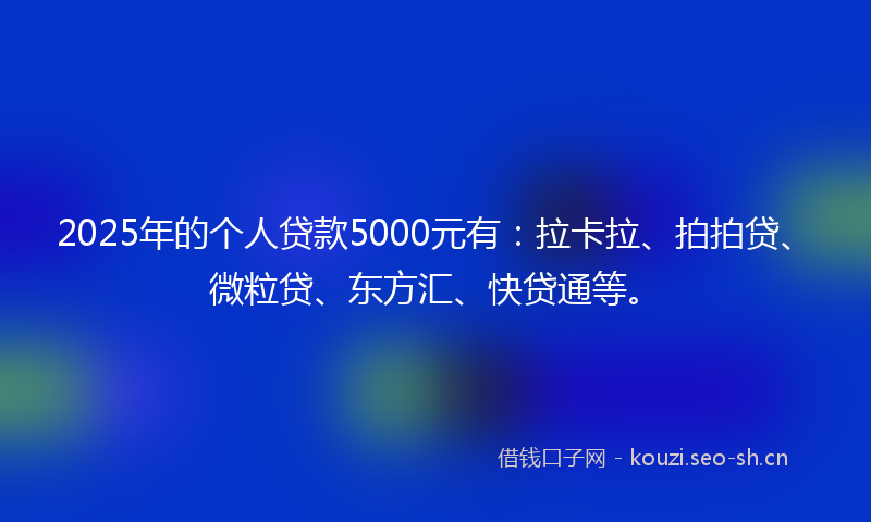 2025年的个人贷款5000元有：拉卡拉、拍拍贷、微粒贷、东方汇、快贷通等。
