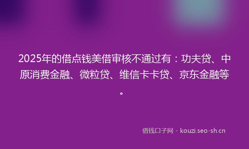 2025年的借点钱美借审核不通过有：功夫贷、中原消费金融、微粒贷、维信卡卡贷、京东金融等。