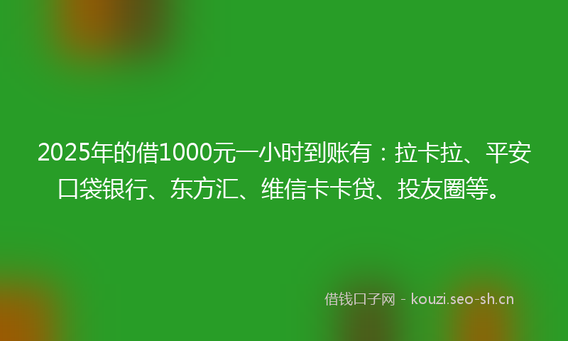 2025年的借1000元一小时到账有：拉卡拉、平安口袋银行、东方汇、维信卡卡贷、投友圈等。