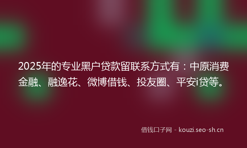 2025年的专业黑户贷款留联系方式有：中原消费金融、融逸花、微博借钱、投友圈、平安i贷等。