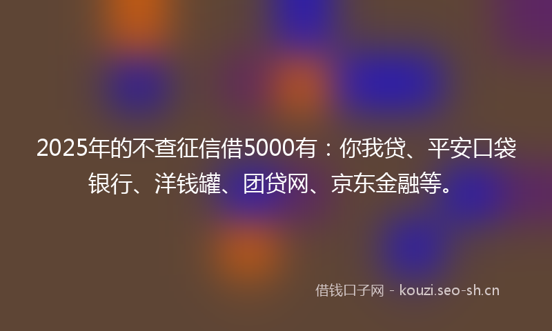 2025年的不查征信借5000有：你我贷、平安口袋银行、洋钱罐、团贷网、京东金融等。