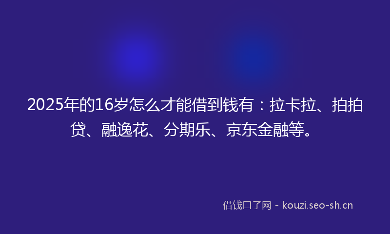 2025年的16岁怎么才能借到钱有：拉卡拉、拍拍贷、融逸花、分期乐、京东金融等。