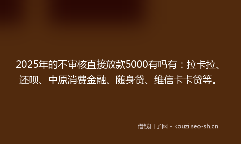 2025年的不审核直接放款5000有吗有：拉卡拉、还呗、中原消费金融、随身贷、维信卡卡贷等。