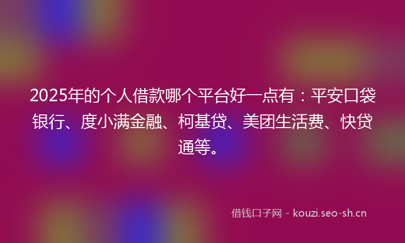 2025年的个人借款哪个平台好一点有：平安口袋银行、度小满金融、柯基贷、美团生活费、快贷通等。
