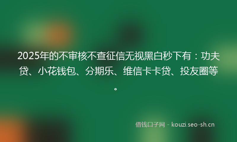 2025年的不审核不查征信无视黑白秒下有：功夫贷、小花钱包、分期乐、维信卡卡贷、投友圈等。