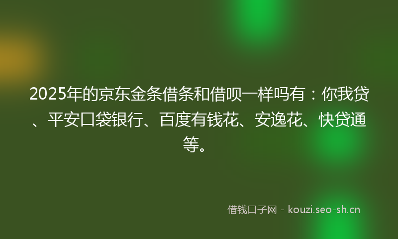 2025年的京东金条借条和借呗一样吗有：你我贷、平安口袋银行、百度有钱花、安逸花、快贷通等。