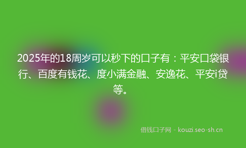 2025年的18周岁可以秒下的口子有：平安口袋银行、百度有钱花、度小满金融、安逸花、平安i贷等。