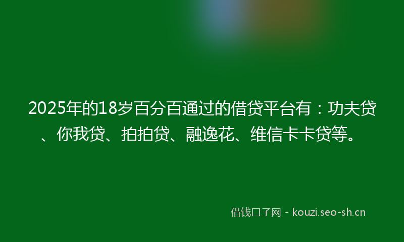 2025年的18岁百分百通过的借贷平台有：功夫贷、你我贷、拍拍贷、融逸花、维信卡卡贷等。