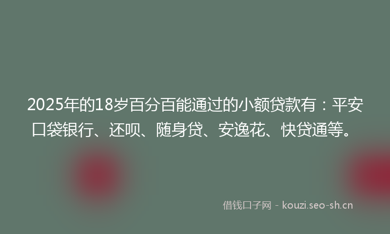 2025年的18岁百分百能通过的小额贷款有：平安口袋银行、还呗、随身贷、安逸花、快贷通等。