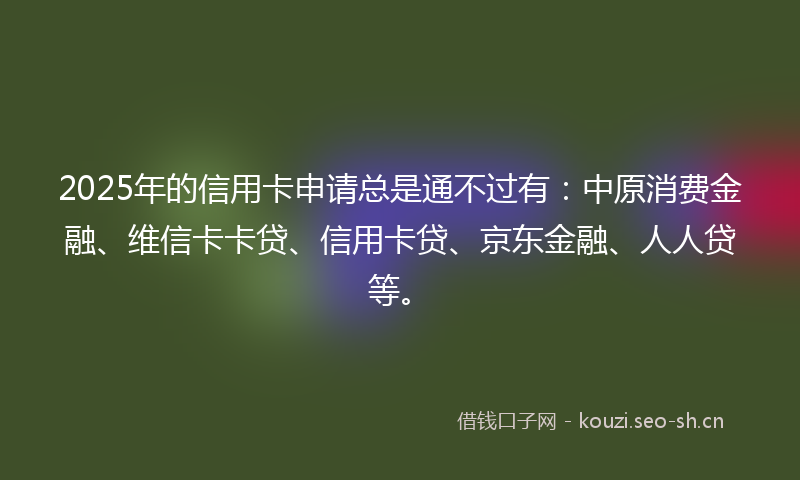 2025年的信用卡申请总是通不过有：中原消费金融、维信卡卡贷、信用卡贷、京东金融、人人贷等。