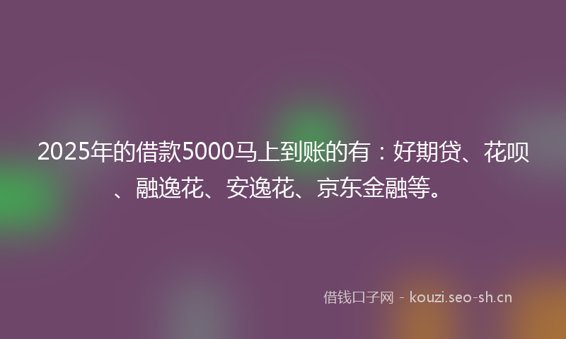 2025年的借款5000马上到账的有：好期贷、花呗、融逸花、安逸花、京东金融等。