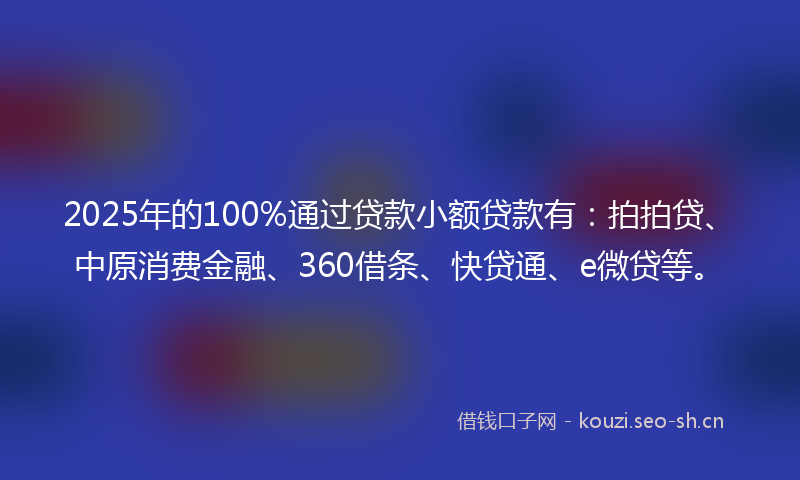 2025年的100%通过贷款小额贷款有：拍拍贷、中原消费金融、360借条、快贷通、e微贷等。