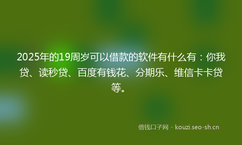 2025年的19周岁可以借款的软件有什么有：你我贷、读秒贷、百度有钱花、分期乐、维信卡卡贷等。