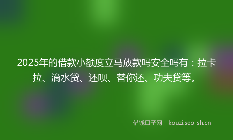 2025年的借款小额度立马放款吗安全吗有：拉卡拉、滴水贷、还呗、替你还、功夫贷等。