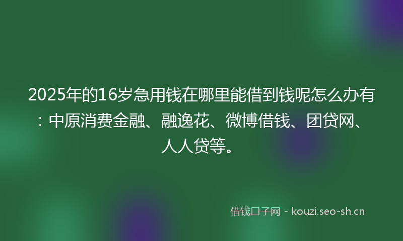 2025年的16岁急用钱在哪里能借到钱呢怎么办有：中原消费金融、融逸花、微博借钱、团贷网、人人贷等。