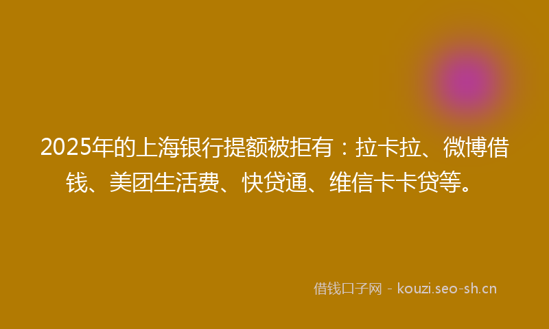 2025年的上海银行提额被拒有：拉卡拉、微博借钱、美团生活费、快贷通、维信卡卡贷等。