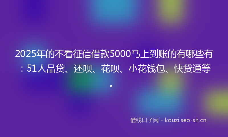 2025年的不看征信借款5000马上到账的有哪些有：51人品贷、还呗、花呗、小花钱包、快贷通等。