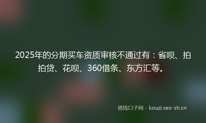 2025年的分期买车资质审核不通过有:省呗、拍拍贷、花呗、360借条、东方汇等。