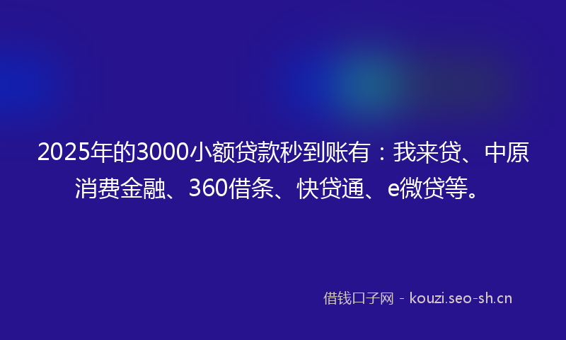 2025年的3000小额贷款秒到账有：我来贷、中原消费金融、360借条、快贷通、e微贷等。