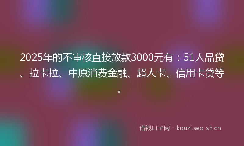 2025年的不审核直接放款3000元有：51人品贷、拉卡拉、中原消费金融、超人卡、信用卡贷等。