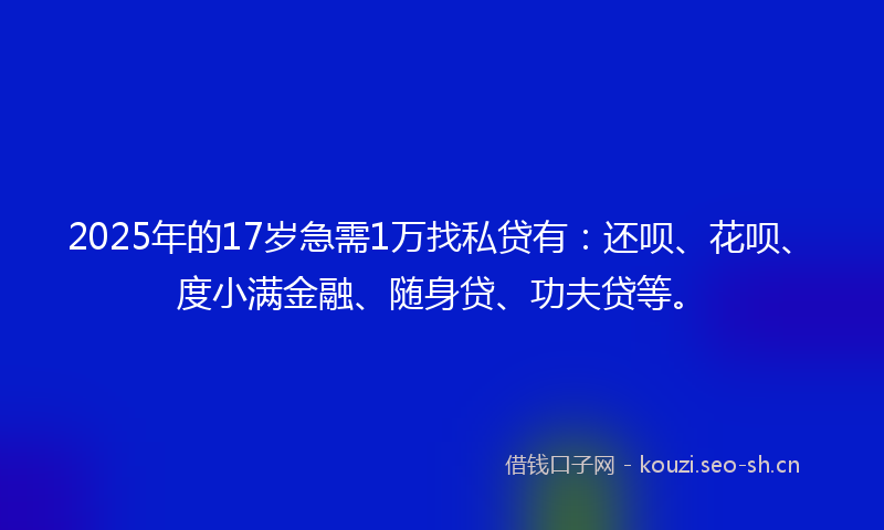 2025年的17岁急需1万找私贷有:还呗、花呗、度小满金融、随身贷、功夫贷等。
