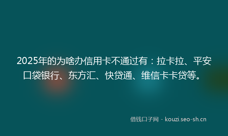 2025年的为啥办信用卡不通过有：拉卡拉、平安口袋银行、东方汇、快贷通、维信卡卡贷等。