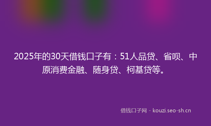 2025年的30天借钱口子有：51人品贷、省呗、中原消费金融、随身贷、柯基贷等。