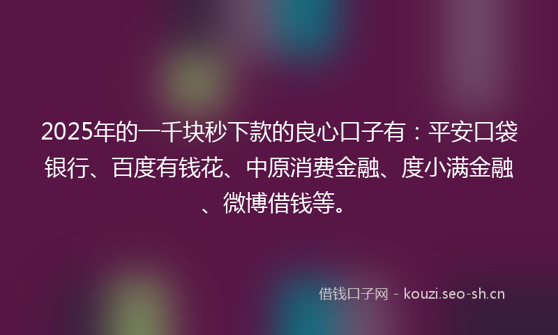 2025年的一千块秒下款的良心口子有：平安口袋银行、百度有钱花、中原消费金融、度小满金融、微博借钱等。